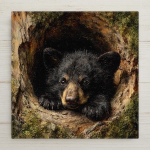 Black Bear Cub Ceramic Tile Wall Art - Woodland Wildlife Nature Rustic Cabin Home Decor Display Decorative Tile