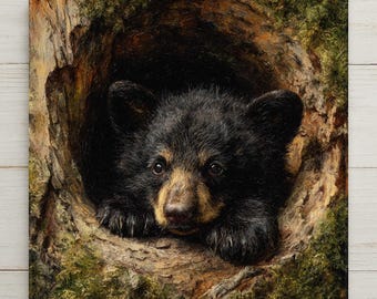 Black Bear Cub Ceramic Tile Wall Art - Woodland Wildlife Nature Rustic Cabin Home Decor Display Decorative Tile
