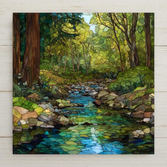 Forest Creek Ceramic Tile Wall Art – Stained Glass Style Woodland Stream, Nature Wall Decor, Peaceful Home Decor Gift