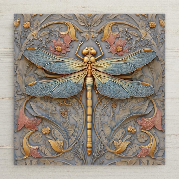 Art Nouveau Dragonfly Symbolic Wall Art Ceramic Tile – Stained Glass Style, Nature Inspired Home Decor