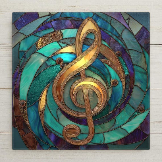 Treble Clef Ceramic Tile Wall Art - Art Nouveau Stained Glass Style Music Decor, Teal Blue Gift for Musicians