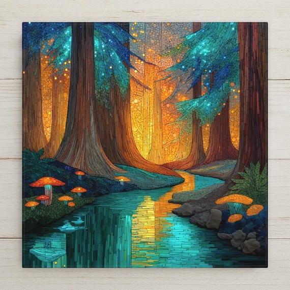 Enchanted Redwood Creek Ceramic Tile Art in Stained Glass Style – Glowing Forest Stream Wall Art for Rustic Wall Decor and Home Decor