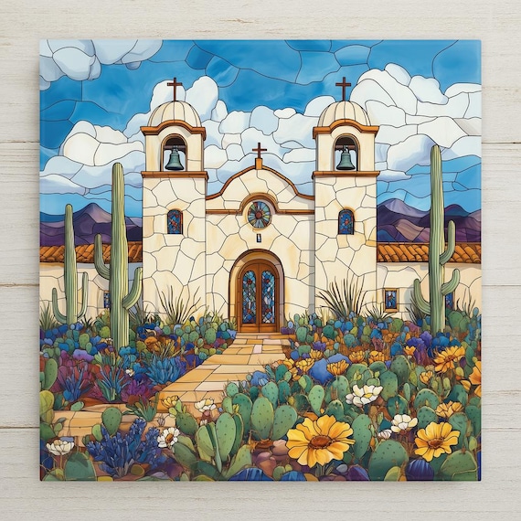 Spanish Mission Ceramic Tile Wall Art Southwest Home Decor Desert Church Art Arizona Gift Cactus Landscape Decor