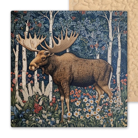 Art Nouveau Moose Ceramic Tile: William Morris Inspired Woodland Trivet, Rustic Cabin Wall Decor