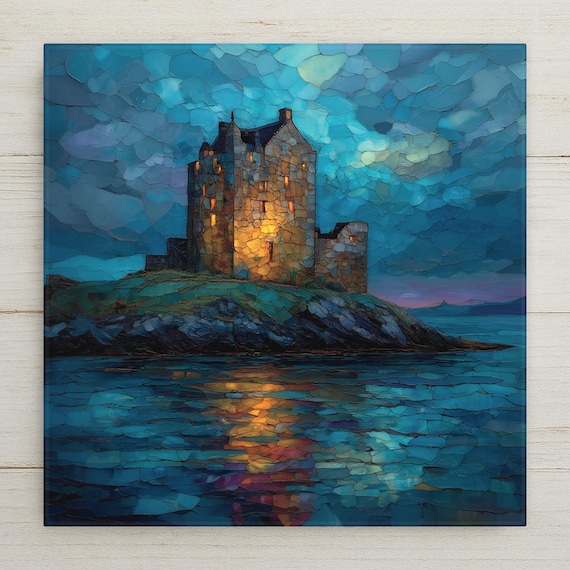 Scottish Coastal Castle Ceramic Tile Wall Art – Stained Glass Style Night Seascape, Historic Island Fortress Wall Decor Home Decor