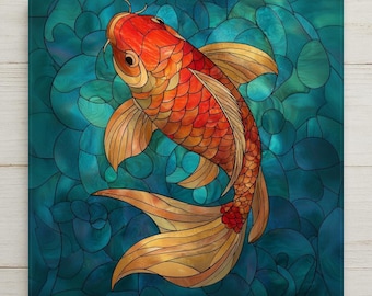 Japanese Koi Ceramic Art Tile – Zen Pond Wall Decor, Asian Water Garden Spa Gift
