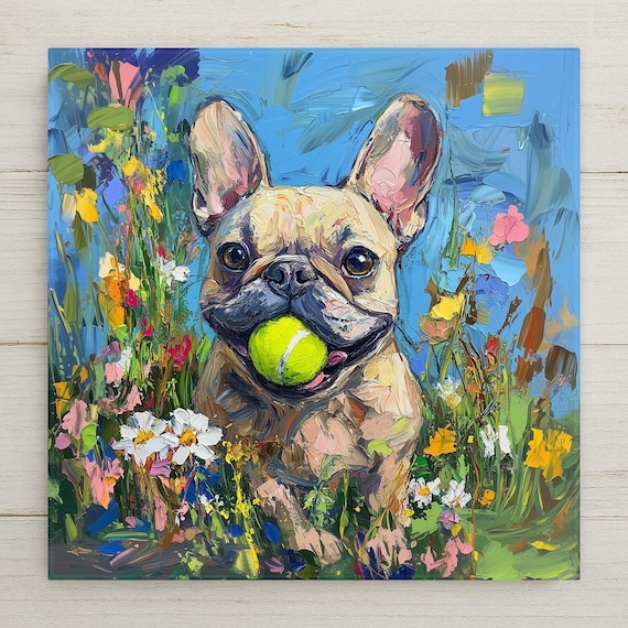 Whimsical French Bulldog Ceramic Tile Art: Colorful Pet Portrait with Tennis Ball and Wildflowers