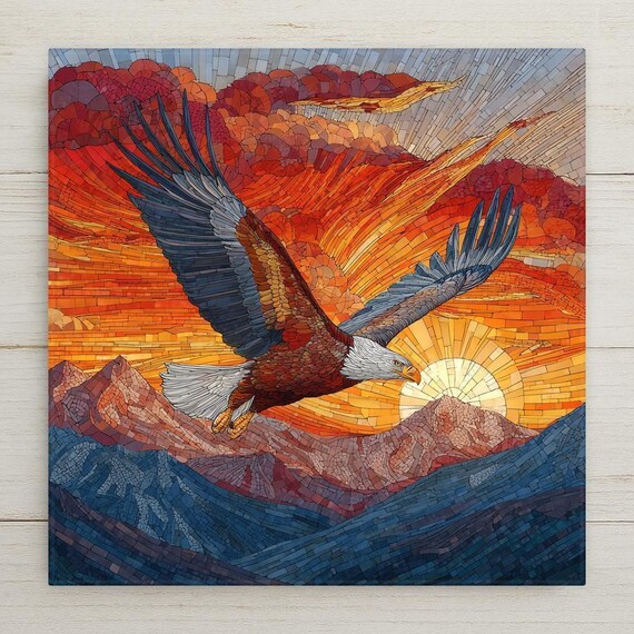 Bald Eagle Ceramic Tile Wall Art – Stained Glass Style Mountain Sunset, Patriotic Home Decor, Wildlife Wall Decor for Nature Lovers
