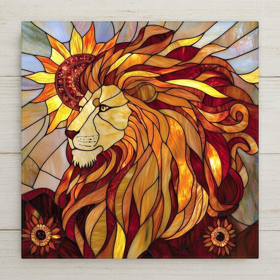 Leo Zodiac Tile Wall Art: Handcrafted Stained Glass Style Lion Decor, Home Decor for Astrology Lovers and August Birthdays
