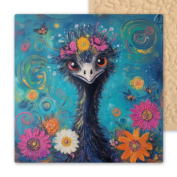 Whimsical Emu Ceramic Tile Art: Colorful Floral Bird Wall Decor for Eclectic Nature Lovers