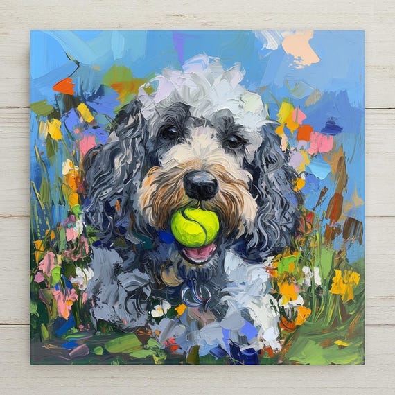 Colorful Poodle Ceramic Tile Art: Curly Dog Portrait with Tennis Ball in Floral Field