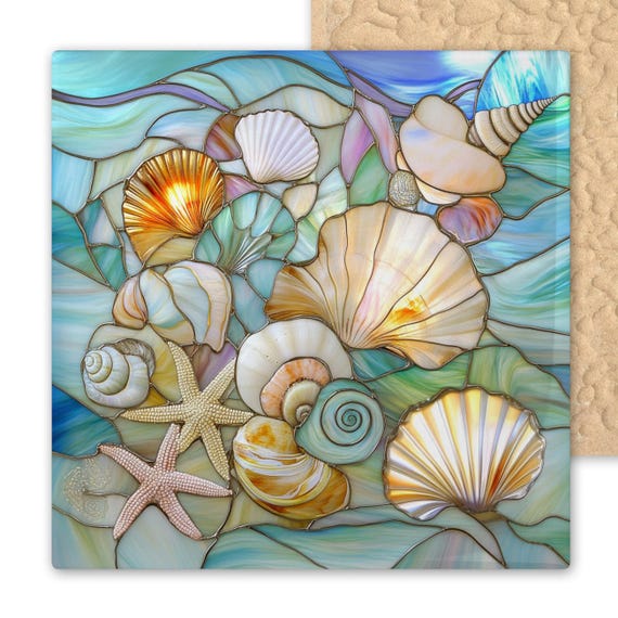 Coastal Ceramic Tile Art: Seashell & Starfish Stained Glass Ocean Wall Decor for Beach House