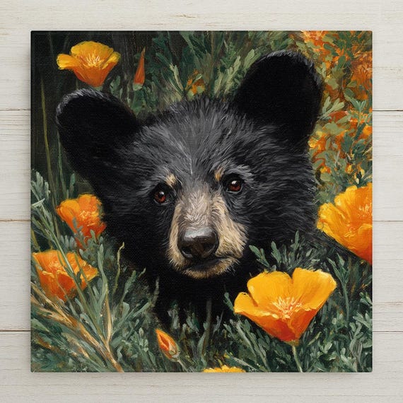 Black Bear Cub Ceramic Tile Wall Art - Woodland Animal Home Decor with California Poppies, Rustic Wildlife