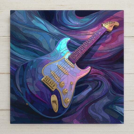 Electric Guitar Ceramic Tile Wall Art – Art Nouveau Stained Glass Style Music Wall Decor, Rock Music Home Decor, Gift for Guitar Lovers