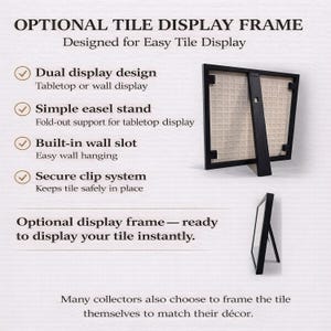 The image is a product description for a dual display design, a simple easel stand, a built-in wall slot, and a secure clip system for a tile display frame. It also mentions that the frame is ready to display the tile instantly.