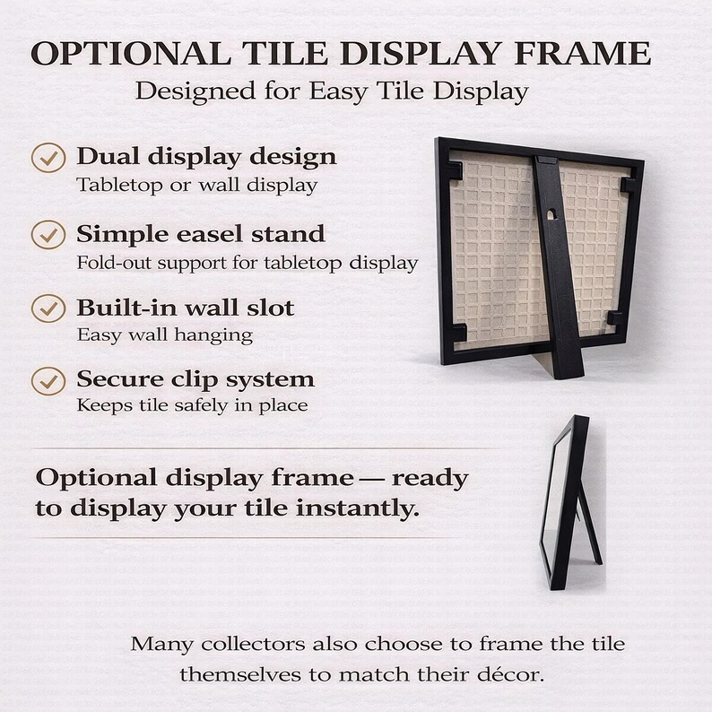 The image is a product description for a dual display design, a simple easel stand, a built-in wall slot, and a secure clip system for a tile display frame. It also mentions that the frame is ready to display the tile instantly.