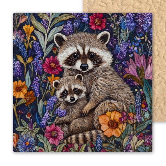 Art Nouveau Woodland Raccoon Ceramic Tile - Whimsical Forest Animal Wall Decor - Nature-Inspired Art