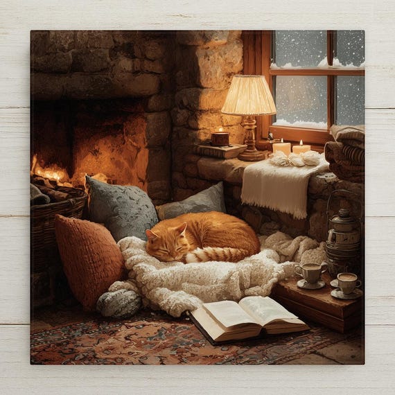 Cat Reading by Fireplace Ceramic Art Tile: Cottagecore Bookshelf Book Nook Wall Decor Gift for Her Cat Lover Home Decor