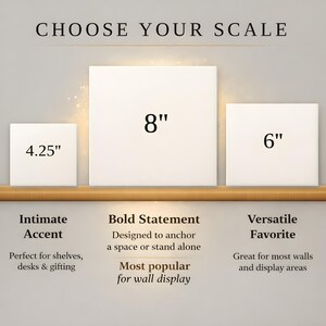three different sizes of square artworks, each with a corresponding description.