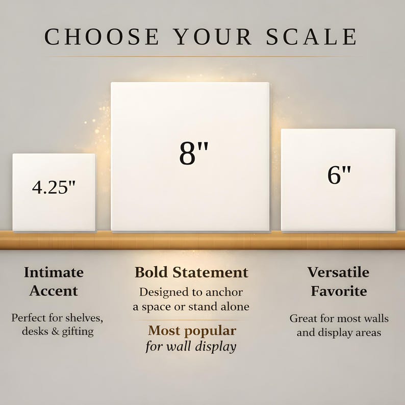 three different sizes of square artworks, each with a corresponding description.