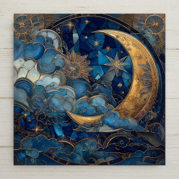 Moon Goddess Ceramic Tile Wall Art - Celestial Crescent Stained Glass Style Mystical Night Sky Home Decor Gift