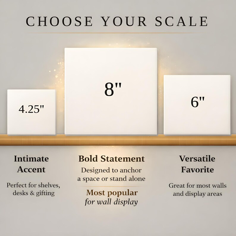 three different sizes of square artworks, each with a corresponding description.