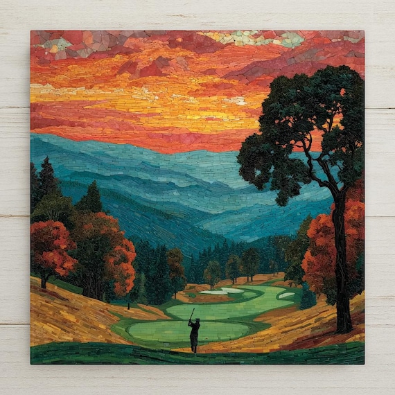 Golf Wall Art Ceramic Tile Stained Glass Style Retirement Gift Golfer Course Landscape Nature Decor Art