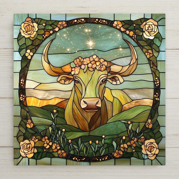 Taurus Zodiac Ceramic Tile: Stained Glass Style Bull Wall Art