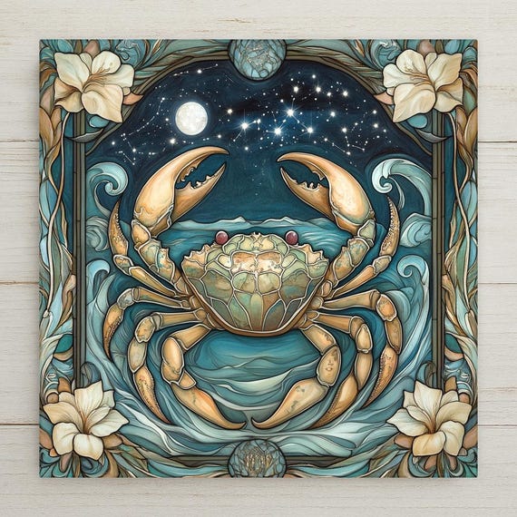 Cancer Zodiac Ceramic Tile: Stained Glass Crab Wall Art for Astrology Lovers & June-July Birthdays