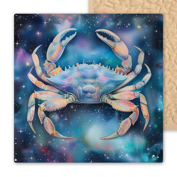 Cancer Zodiac Crab Ceramic Tile Art - Celestial Watercolor Wall Decor - Astrology Horoscope Gift