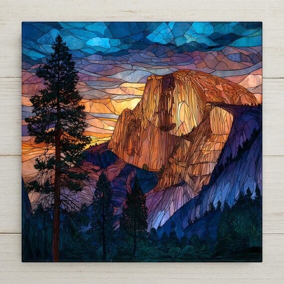 Stained Glass Yosemite Half Dome Mountain Sunset Ceramic Tile Wall Art - Nature Landscape Decor Premium Frame Optional