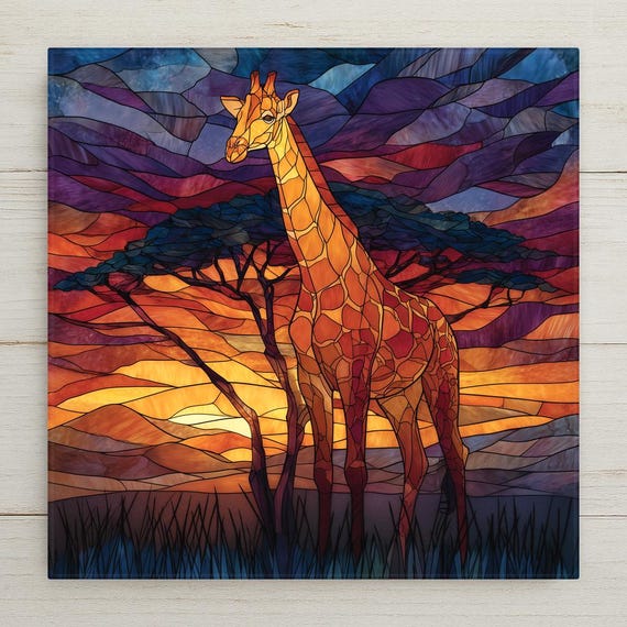 Giraffe Under Acacia Wall Art Ceramic Tile Stained Glass Style Safari Wildlife Gift African Decor Art