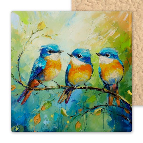 Colorful Songbird Ceramic Tile: Bluebird Wall Decor, Wildlife Art Trivet, Nature-Inspired Coaster Gift