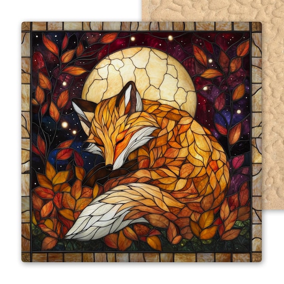 Stained Glass Sleeping Fox Ceramic Tile - Woodland Animal Wall Art for Rustic Autumn Home Decor