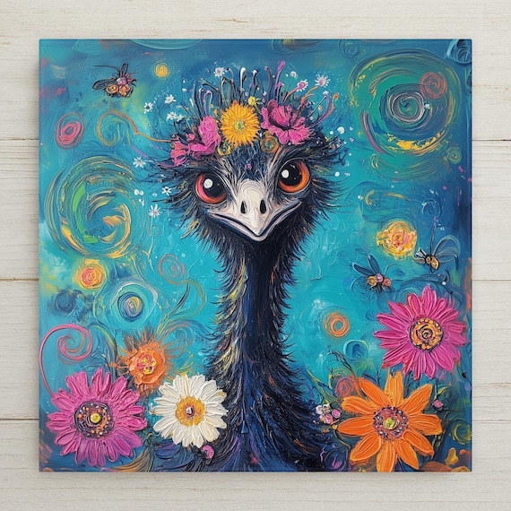 Whimsical Emu Ceramic Tile Art: Colorful Floral Bird Wall Decor for Eclectic Nature Lovers