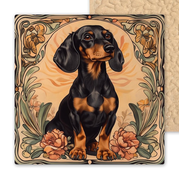 Art Nouveau Dachshund Ceramic Tile - Floral Mucha-Inspired Wall Decor for Pet Lovers