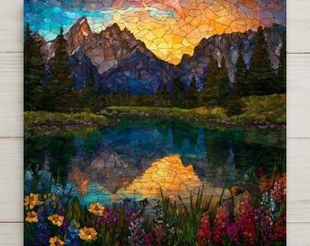 Grand Teton Wall Art Ceramic Tile National Park Gift Stained Glass Style Decor Alpine Mountain Art Travel Lover Gift Tile