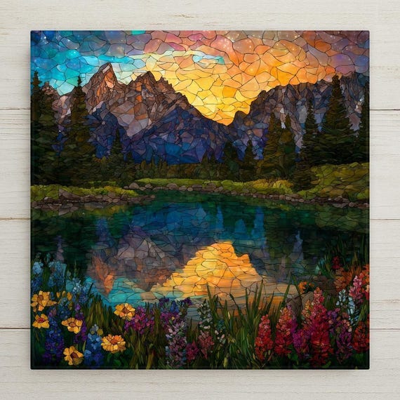 Grand Teton Mountains Stained Glass Ceramic Wall Tile - Alpine Lake Sunset Landscape Art Nature Decor Gift