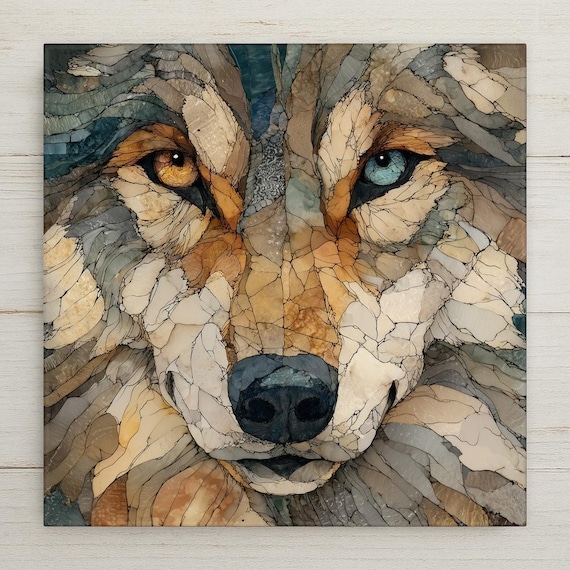 Wolf Wall Art Tile – Mosaic Style Wildlife Ceramic Home Decor with Intense Eyes, Rustic Cabin Accent, Nature Gift, Decorative Tile
