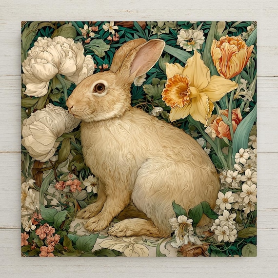 William Morris Spring Rabbit Ceramic Art Tile: Easter Wall Decor Art Nouveau Vintage Mother Day Gift Traditional Home Decor