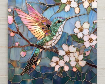 Blue Floral Hummingbird Wall Art Ceramic Tile Stained Glass Style Nature Gift Garden Bird Art Hummingbird Lover Mothers Day