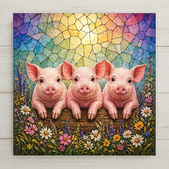 Three Little Pigs Wall Art Ceramic Tile Stained Glass Style Cottagecore Farm Animal Decor Pig Lover Gift Tile