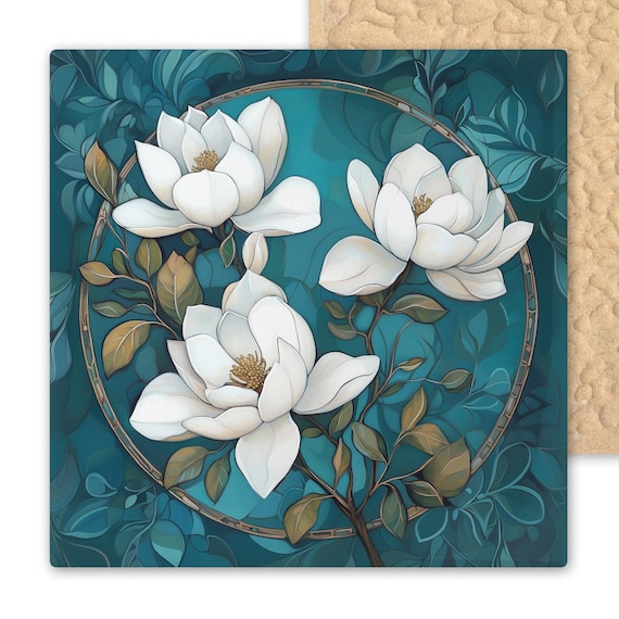 Elegant Art Nouveau Magnolia Ceramic Tile - Handmade Floral Wall Decor for Home - White Flower Botanical Gift