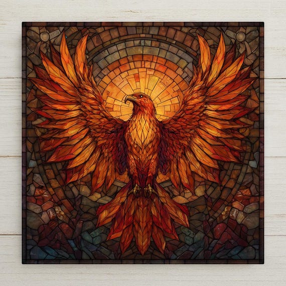 Phoenix Ceramic Tile Wall Art – Stained Glass Style Home Decor, Rising Phoenix Symbol Artwork, Mythical Gift Tile, Inspirational Wall Art