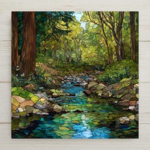 Forest Creek Ceramic Tile Wall Art - Stained Glass Style Woodland Stream Nature Home Decor Gift