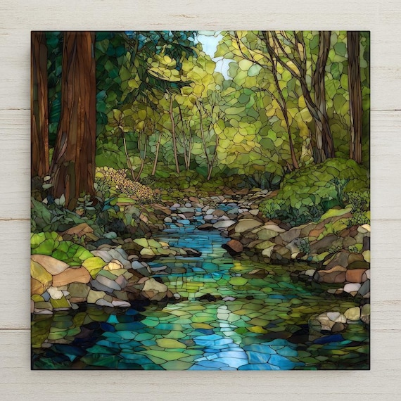 Forest Creek Ceramic Tile Wall Art - Stained Glass Style Woodland Stream Nature Home Decor Gift