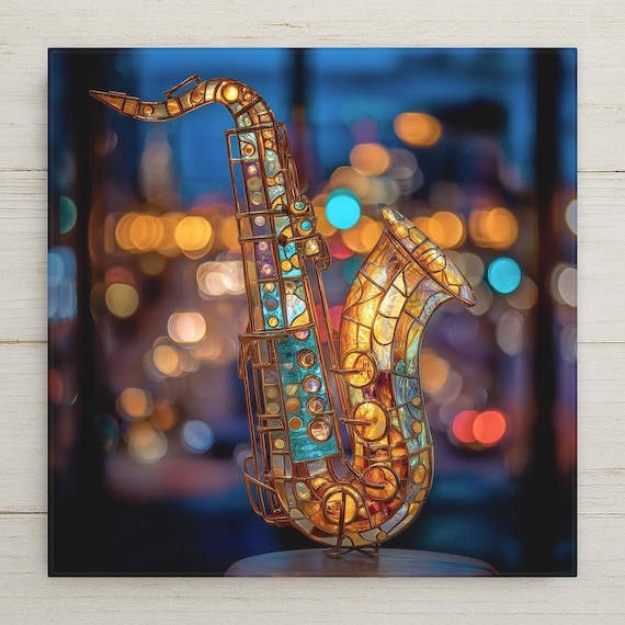 Art Nouveau Saxophone Ceramic Tile: Stained Glass Inspired Jazz Wall Decor, Blue & Gold Musicians Gift