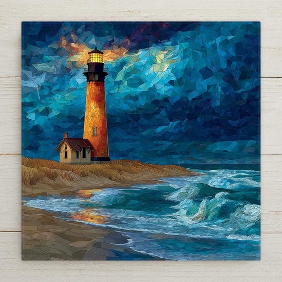 Outer Banks Wall Art Ceramic Tile Stained Glass Style North Carolina Gift Lighthouse Decor Place Identity