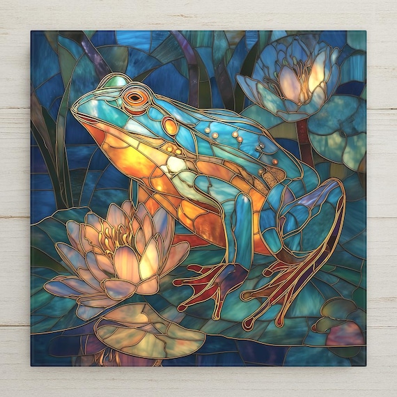 Teal & Gold Stained Glass Inspired Ceramic Frog Tile | Nature Wall Art Decor | Pond Lily Pad Home Gift