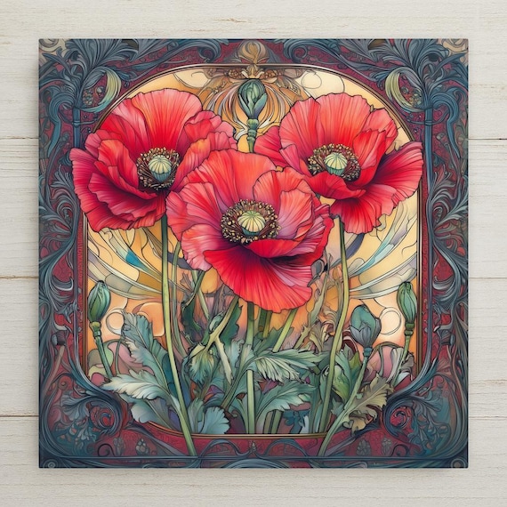 Art Nouveau Red Poppies Ceramic Tile Wall Decor - Handmade Vintage Floral Botanical Home Decoration